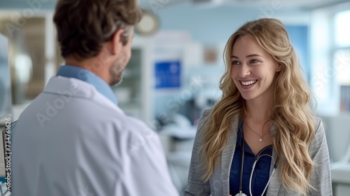 Two smiling healthcare professionals engage in conversation in a bright, modern medical facility setting