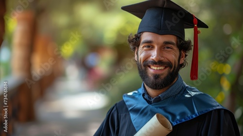 A smiling man wearing a graduation cap and gown holds a diploma, outdoors, pride radiating