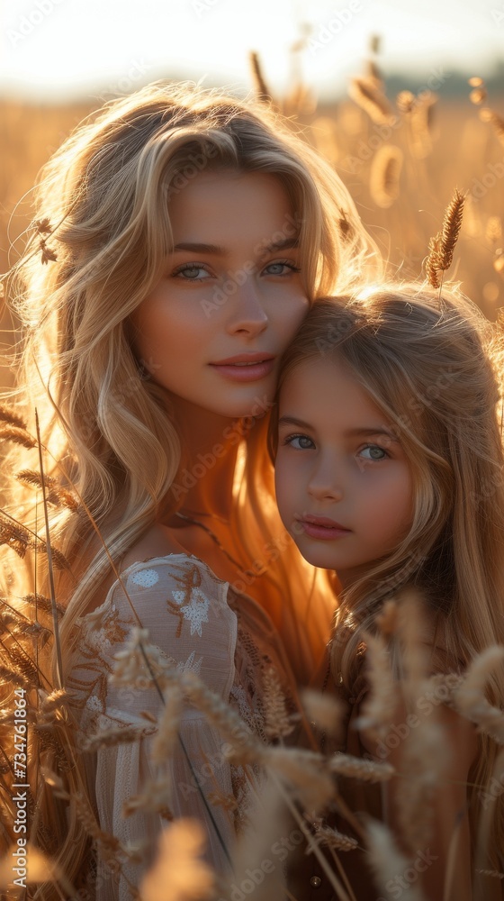 A woman and a young girl with long hair stand among golden wheat fields at sunset A woman and a young girl with long hair stand among golden wheat fields at sunset