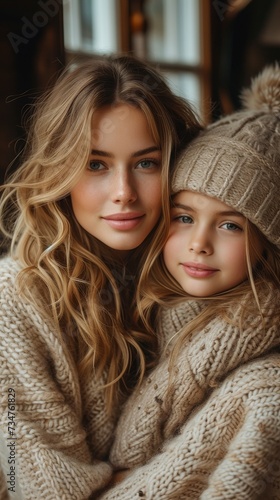Two individuals in cozy attire, likely family, share a close moment; warmth and affection emanate