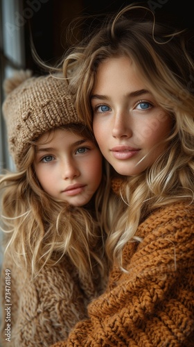 Two individuals with striking blue eyes, wearing cozy knitwear, posing closely for a warm, intimate portrait