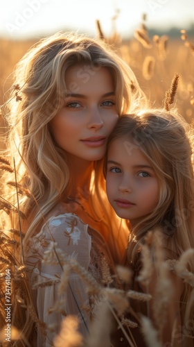 A woman and a young girl with long hair stand among golden wheat fields at sunset
