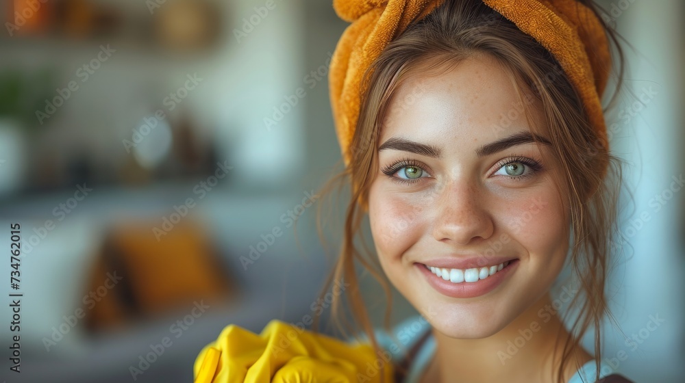 Naklejka premium A smiling woman with a headband, holding yellow fabric, in a room with a blurred background