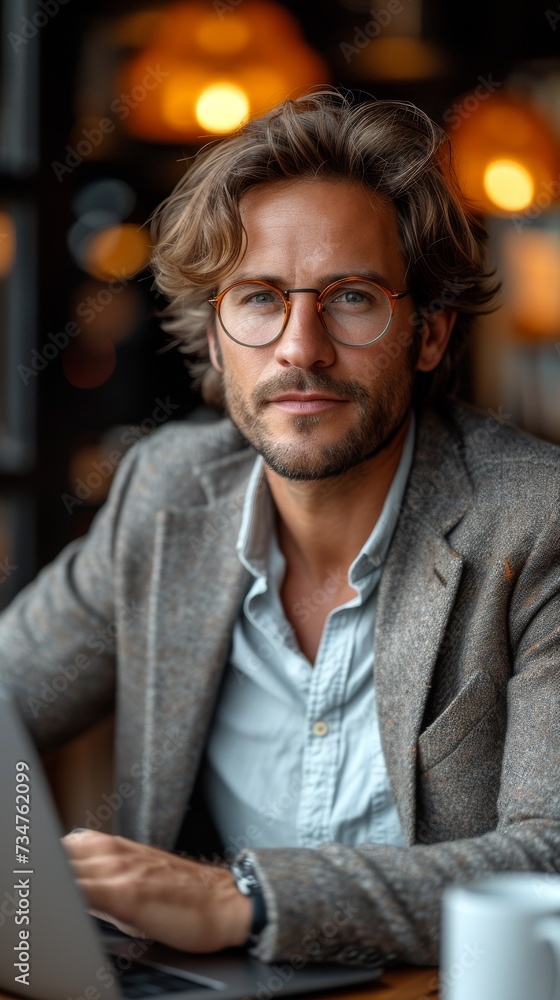 A man wearing glasses and a suit sits at a table, working on a laptop, indoors, generative ai A man wearing glasses and a suit sits at a table, working on a laptop, indoors, generative ai