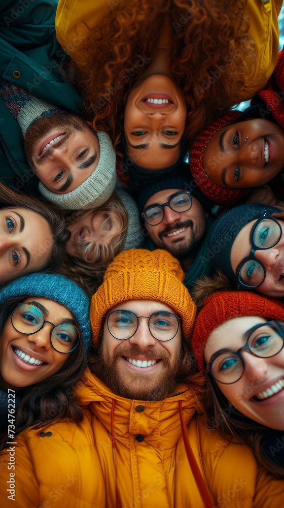 A group of smiling friends wearing colorful winter clothes huddled together, taking a top-down selfie, generative ai