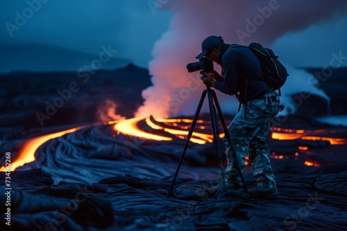 photographer setting up tripod by nightfall lava river scene