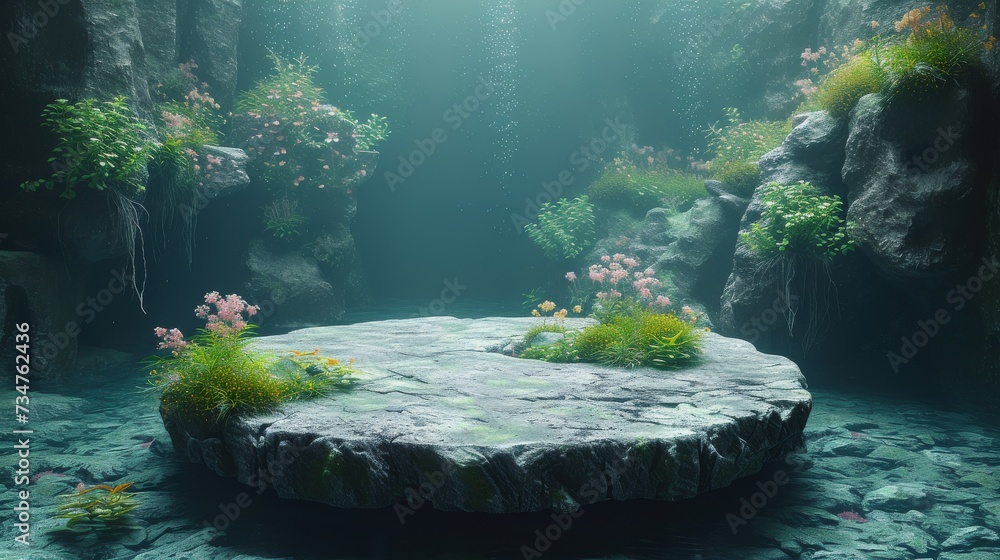 A mystical floating stone platform surrounded by verdant foliage underwater, with light filtering through the depths above, generative ai - obrazy, fototapety, plakaty 