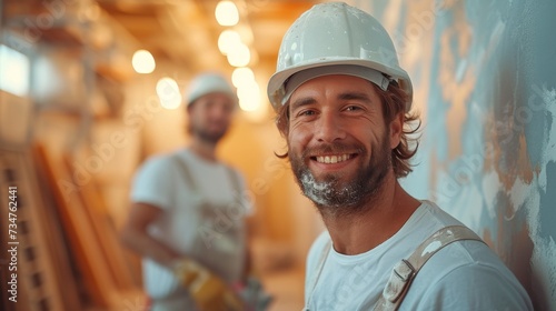 Two smiling construction workers wearing hard hats inside a building with tools, looking happy and confident, generative ai