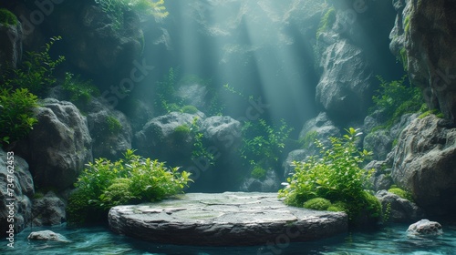 A serene pond surrounded by rocks and lush greenery  bathed in ethereal sunlight filtering through above  generative ai