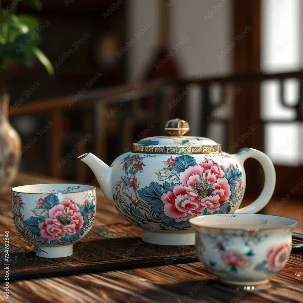 Elegant Floral Teapot Set in Sunlit Traditional Room Elegant Floral Teapot Set in Sunlit Traditional Room