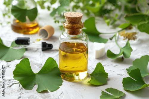 Maidenhair, ginkgo biloba leaves and extract for brain, memory. Healing plant Chinese medicine