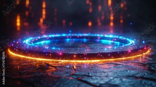 A glowing circle with red and blue neon lights lies on a textured surface, suggesting futuristic technology, generative ai