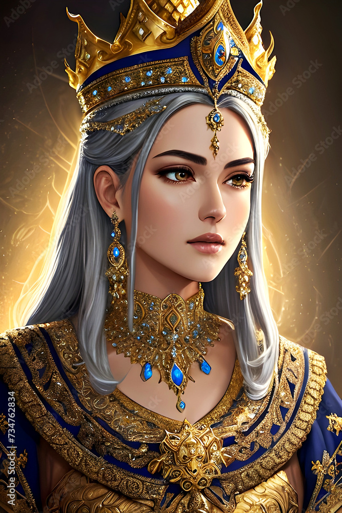 illustrated portrait of beautiful young queen with long platinum silver hair, wearing crown jewels - ornate golden crown, sapphires and gemstone necklace, dangling earrings - faraway gaze