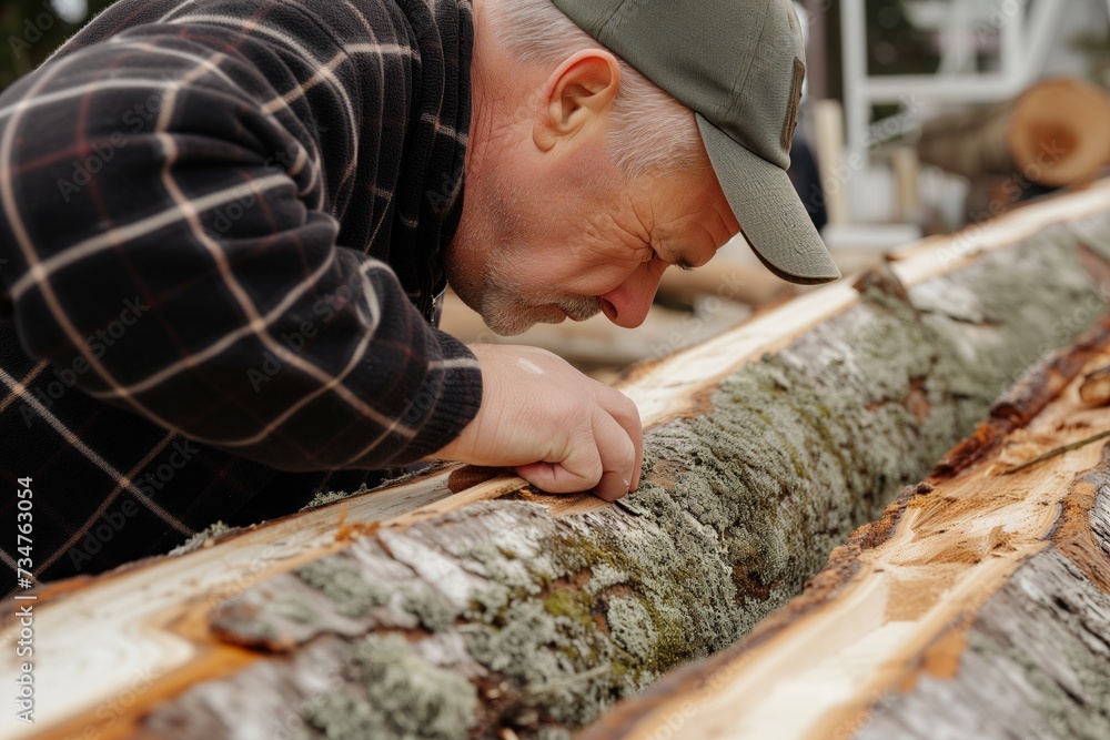 man inspecting bark on a log before processing man inspecting bark on a log before processing