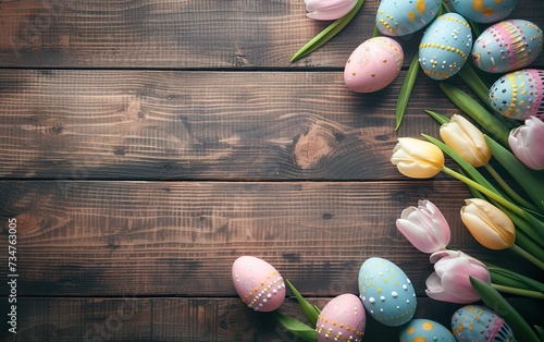 Ester holiday background with easter eggs and tulips on wooden background #734763005
