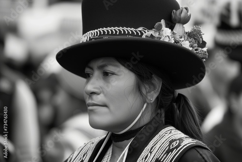 woman in peruvian pollera and bowler hat at a cultural parade photo