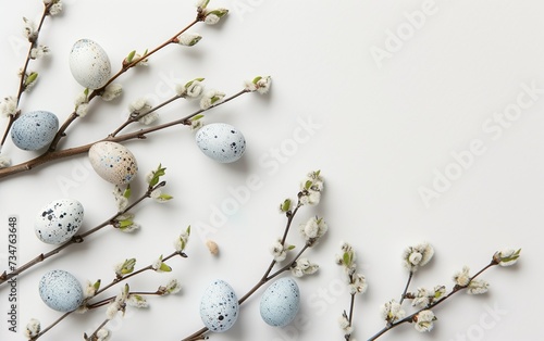 Flat lay easter composition with a willow branch