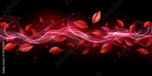 A Dynamic Abstract of Red Leaves Twirling in the Wind with Glowing Swirls and Particles, Generative AI