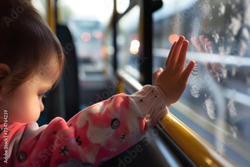 child touching various surfaces in a bus, visible fingerprints and germs photo