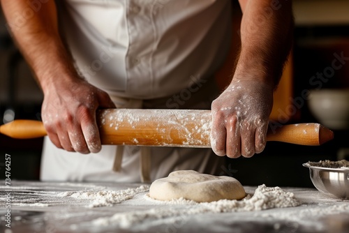 baker rolling out dough with a wooden rolling pin in a kitchen photo