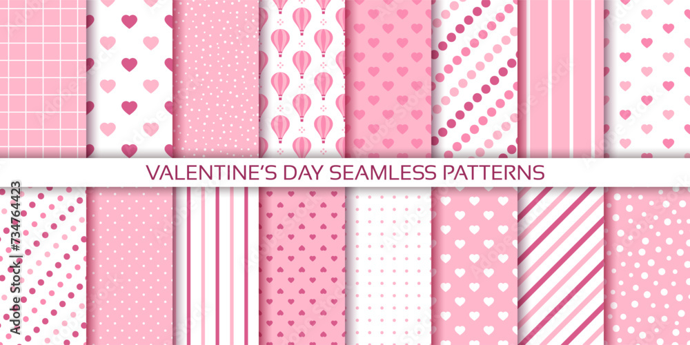 Pink seamless background. Valentine's day pattern. Cute prints with hearts, polka dot, stripe, hot air balloon. Set girly textures for scrapbooking. Retro geometric wrapping paper. Vector illustration