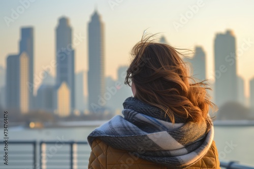 rear view of a woman with a scarf, looking at a city skyline © studioworkstock