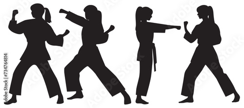 Taekwondo or karate pose silhouette set vector illustration