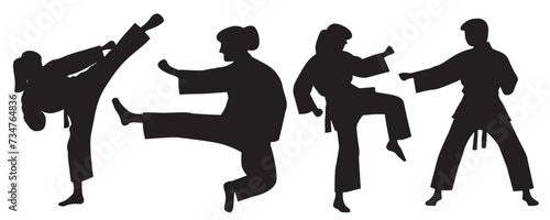 Taekwondo or karate pose silhouette set vector illustration