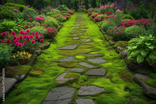 mosscovered stones of pathway, with indistinct flower beds either side photo