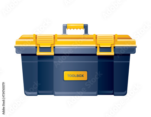 Toolbox vector. 3D tools case. Orange yellow, black mechanic box. Handyman toolkit. Flat plastic kit with safety locks. Vector isolated carpenter and repair toolbox. Plastic 3d tool kit realistic icon