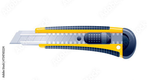 Knife cutter. Stationery knife cutter for paper with retractable blade. Victor illustration icon. Office plastic scalpel, penknife tool. Yellow and black boxcutter vector illustration
