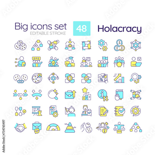 Holacratic organization blue RGB color icons set. Distributed authority. Team centric structure. Isolated vector illustrations. Simple filled line drawings collection. Editable stroke © bsd studio