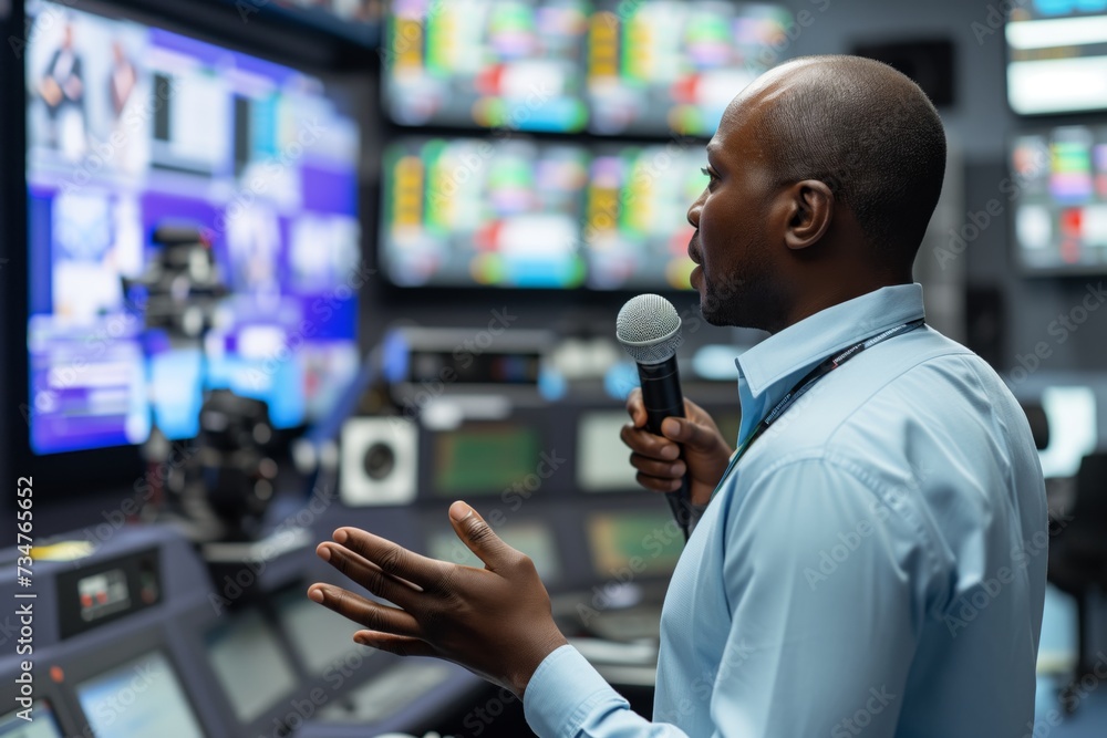 broadcaster speaking into a mic with control room backdrop Stock Photo ...