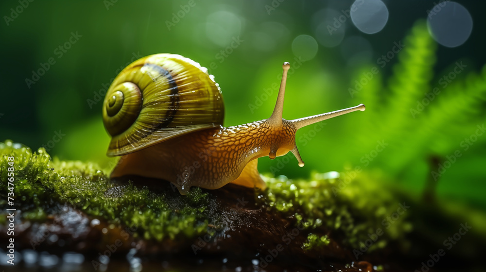 Close-up snail lives in the rain forest, Macro picture of a snail, mollusk, escargot, gastropod, slug climbing on beautiful green Moss in the rain forest, wildlife in nature and environmental concept Close-up snail lives in the rain forest, Macro picture of a snail, mollusk, escargot, gastropod, slug climbing on beautiful green Moss in the rain forest, wildlife in nature and environmental concept