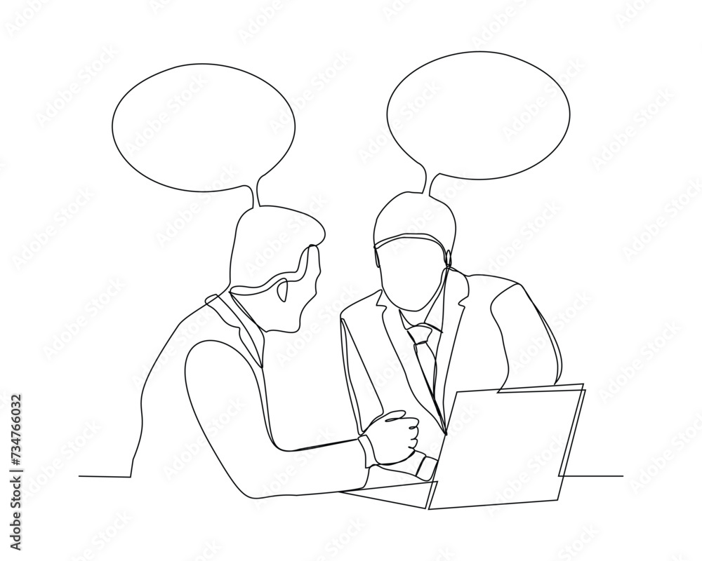 continuous single line sketch drawing of two man coworker talking something on laptop, bubble chat talk. One line art of office worker employee vector illustration