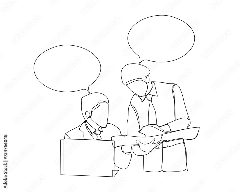 continuous single line sketch drawing of two man coworker talking something on laptop, bubble chat talk. One line art of office worker employee vector illustration continuous single line sketch drawing of two man coworker talking something on laptop, bubble chat talk. One line art of office worker employee vector illustration