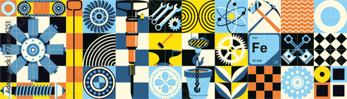 Abstract techno background with geometric colorful cogwheels. Metallurgical industrial mosaic pattern. Engineering mechanisms as a flower arrangement. A small set