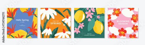 Spring season floral square cover vector. Set of banner design with flowers, leaves, branch, watercolor texture. Colorful blossom background for social media post, website, business, ads. 