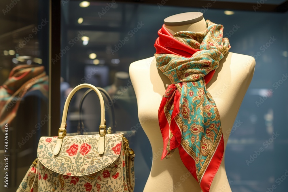silk scarf on mannequin with matching handbag on display