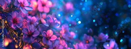 Banner with glowing flowers on the dark background with circle bokeh. Magic night flower concept.