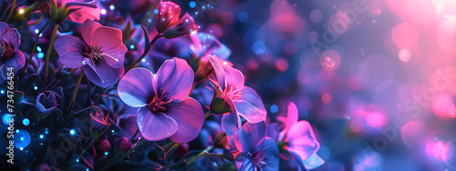 Flowers illuminated by blue light on the dark background with circle bokeh. Magic night flower banner.