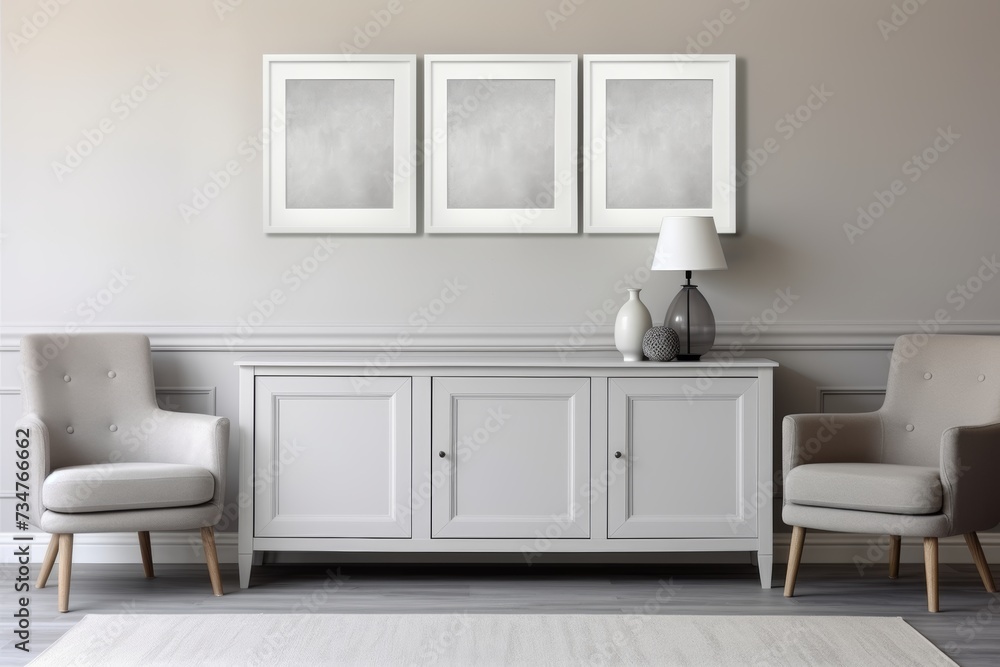 Minimalistic mockup frame in cabinet on empty dark wall in cozy living room interior Minimalistic mockup frame in cabinet on empty dark wall in cozy living room interior