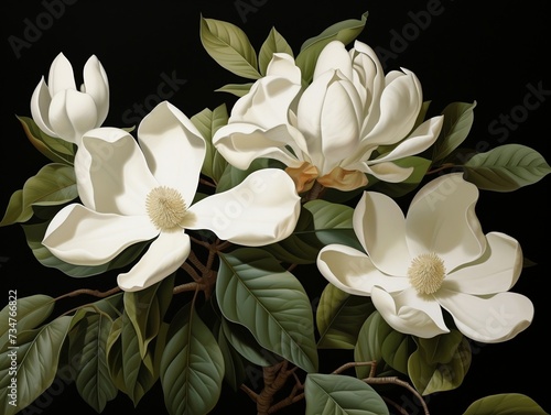 Magnolia bloom with green leaves
