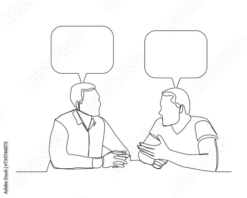 continuous single line sketch drawing of two man coworker talking something on laptop, bubble chat talk. One line art of office worker employee vector illustration