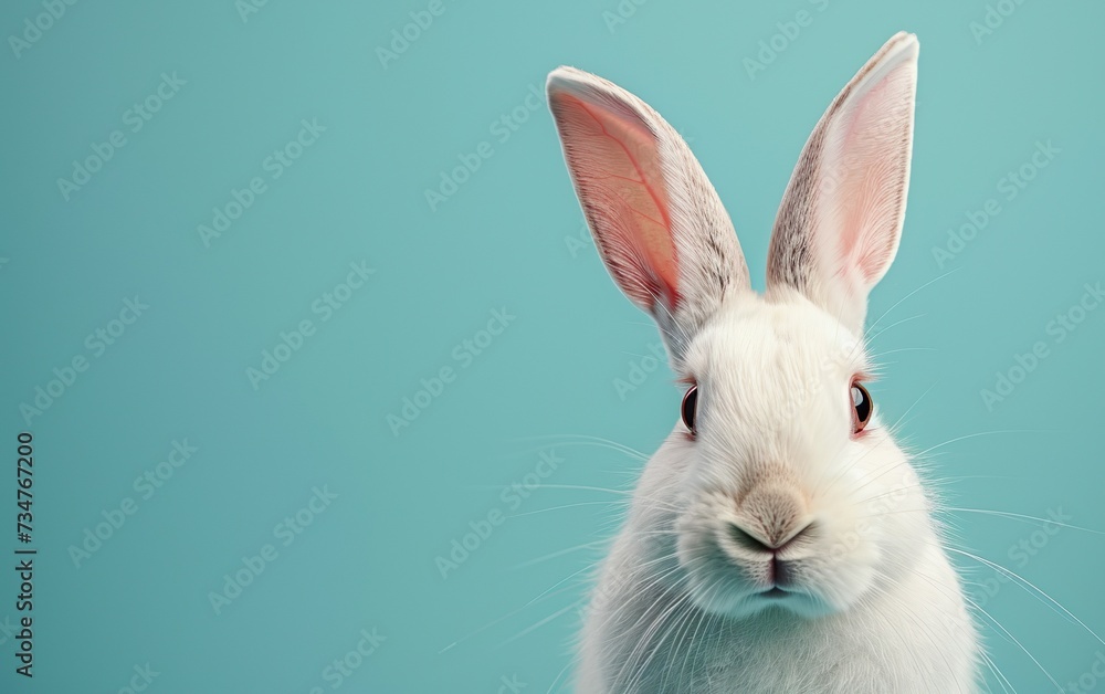 White rabbit ear on pastel blue background. Easter rabbit