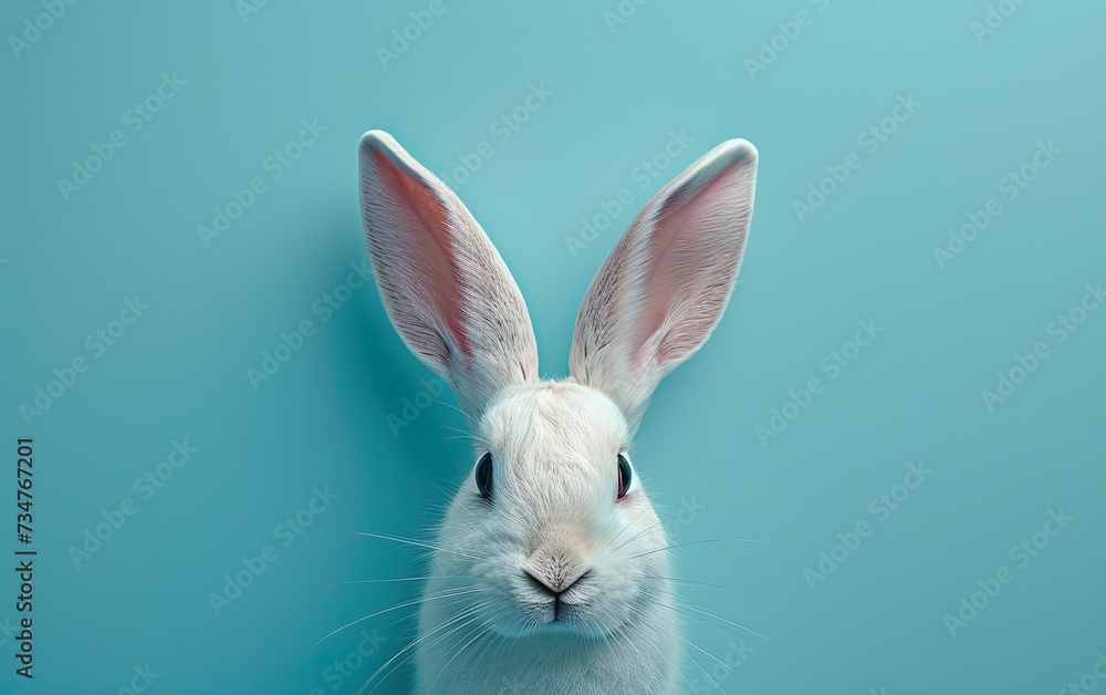 Obraz premium White rabbit ear on pastel blue background. Easter rabbit