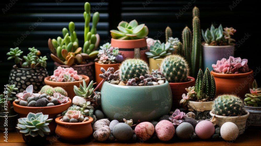 Fototapeta premium Stylish composition of home garden interior filled with beautiful plants, cacti, and succulents