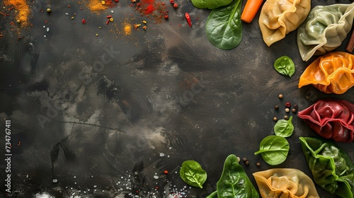 Colorful dumplings on dark background with fresh vegetables. culinary gourmet asian cuisine. perfect for menu design. AI