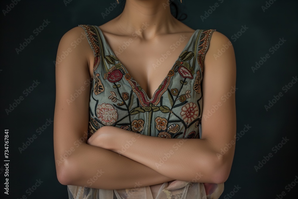 midsection shot of dancer with embroidered dress and crossed arms midsection shot of dancer with embroidered dress and crossed arms