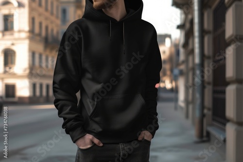 mockup of a man wearing Unisex hoodie in black color. Emphasize the fit and comfort